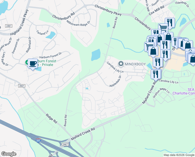 map of restaurants, bars, coffee shops, grocery stores, and more near 3226 Alderpoint Lane in Charlotte