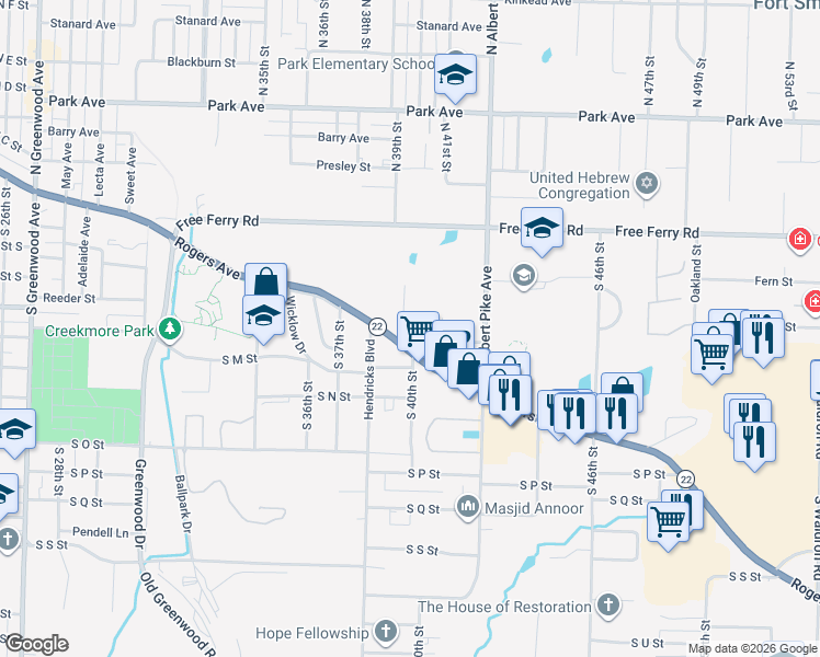 map of restaurants, bars, coffee shops, grocery stores, and more near 1313 Tancred Street in Fort Smith