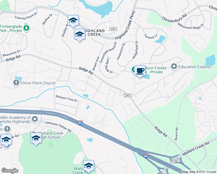 map of restaurants, bars, coffee shops, grocery stores, and more near 3401 Ridge Road in Charlotte
