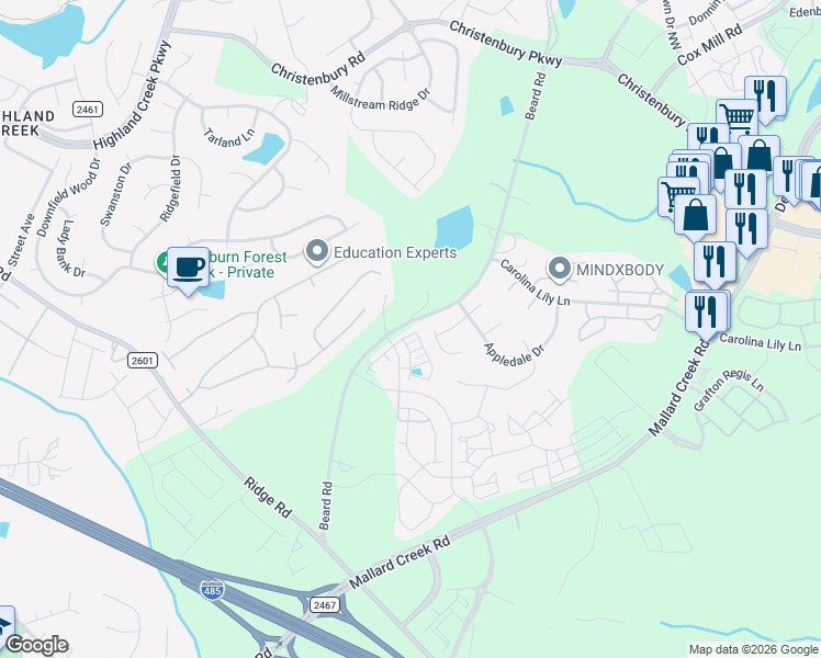 map of restaurants, bars, coffee shops, grocery stores, and more near 3218 Beard Road in Charlotte