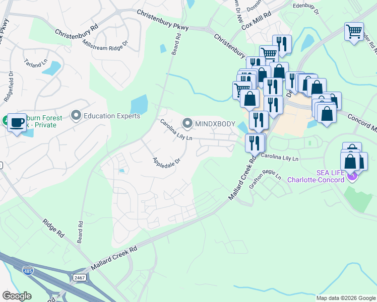 map of restaurants, bars, coffee shops, grocery stores, and more near 8718 Appledale Drive in Charlotte