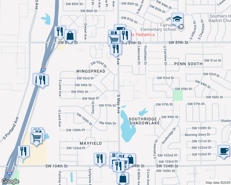 map of restaurants, bars, coffee shops, grocery stores, and more near 9700 South Brookline Avenue in Oklahoma City