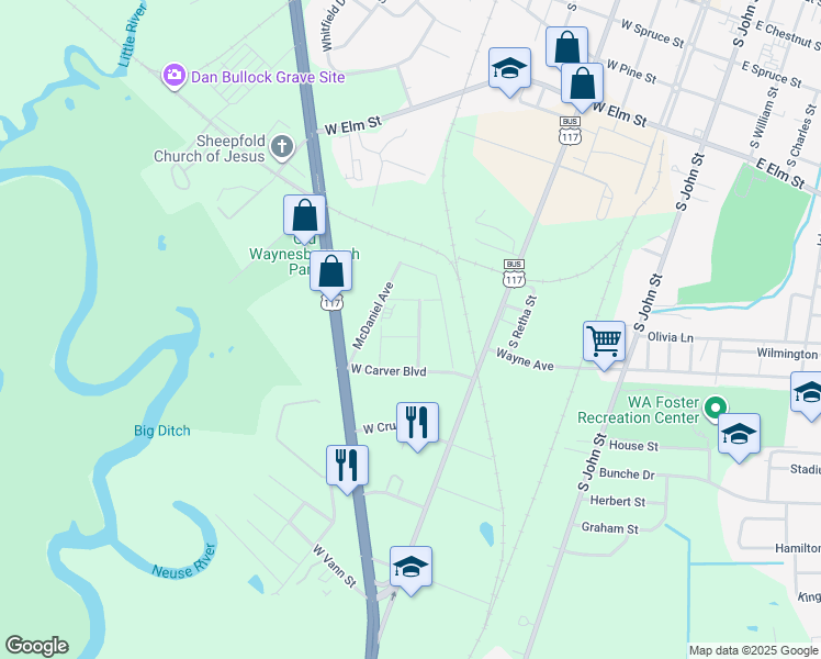 map of restaurants, bars, coffee shops, grocery stores, and more near 911 South Depriest Street in Goldsboro
