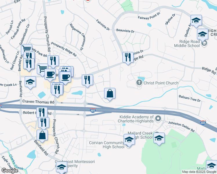 map of restaurants, bars, coffee shops, grocery stores, and more near 5815 Waverly Lynn Lane in Charlotte