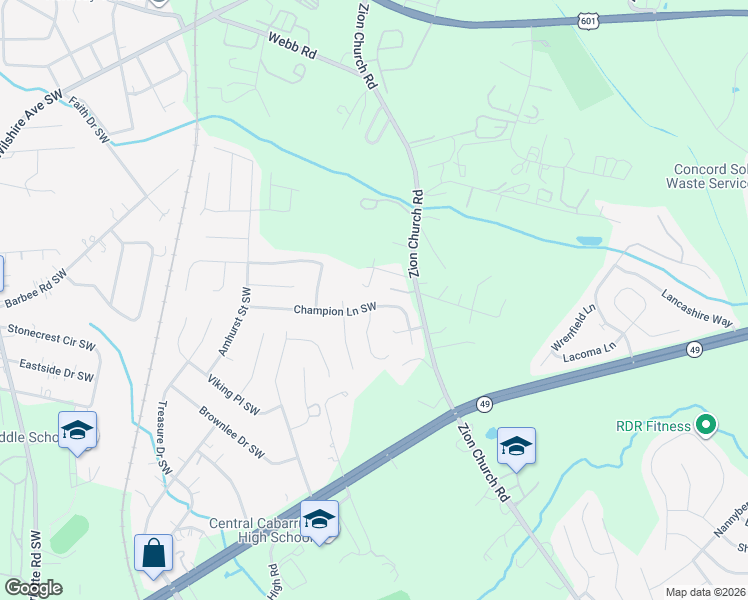 map of restaurants, bars, coffee shops, grocery stores, and more near 3069 Champion Lane Southwest in Concord