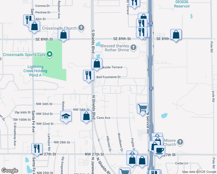 map of restaurants, bars, coffee shops, grocery stores, and more near 2960 Hillcrest Dr in Moore