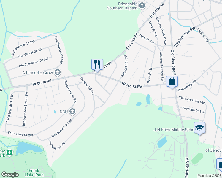 map of restaurants, bars, coffee shops, grocery stores, and more near 508 Kingfield Drive Southwest in Concord