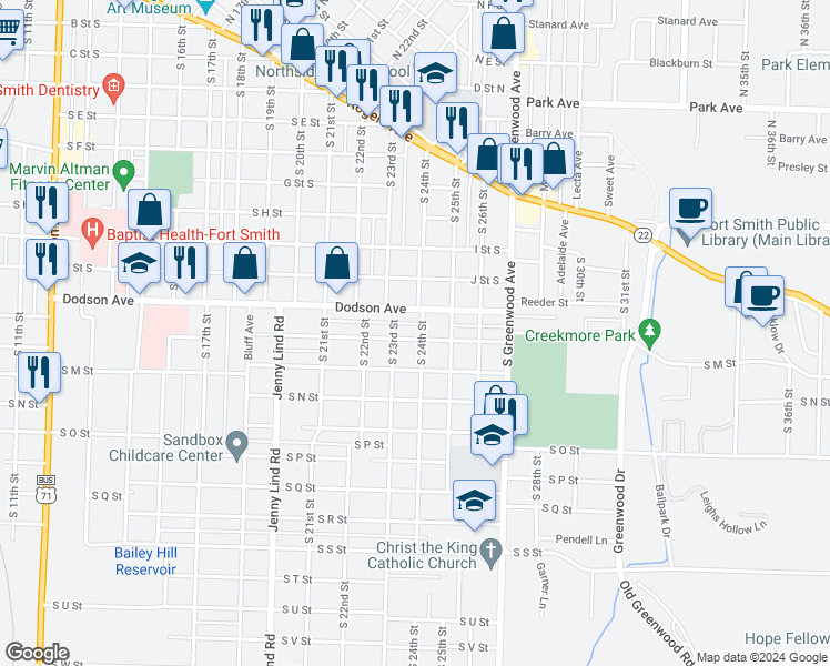 map of restaurants, bars, coffee shops, grocery stores, and more near 2319 South L Street in Fort Smith