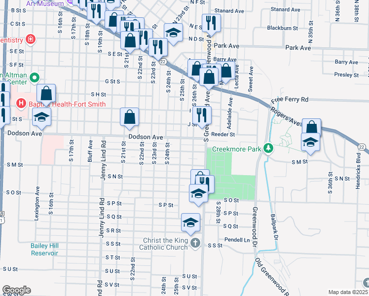 map of restaurants, bars, coffee shops, grocery stores, and more near 2505 South L Street in Fort Smith