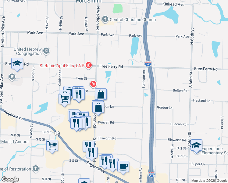 map of restaurants, bars, coffee shops, grocery stores, and more near 5515 Summit Court in Fort Smith