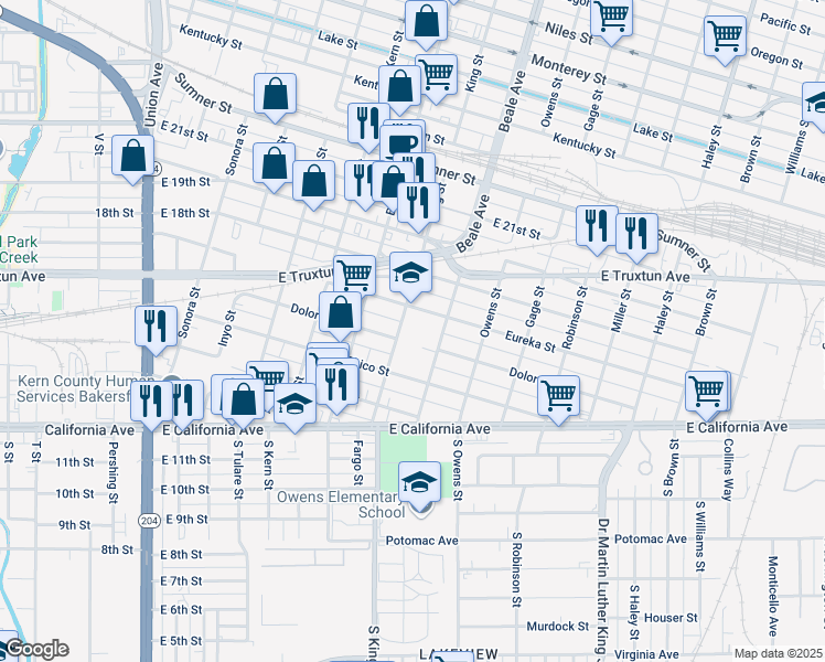 map of restaurants, bars, coffee shops, grocery stores, and more near 815 Eureka Street in Bakersfield