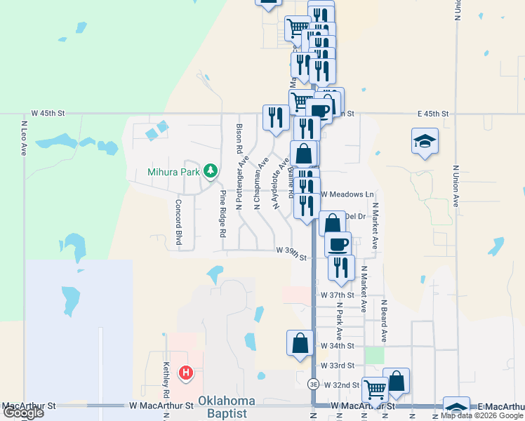 map of restaurants, bars, coffee shops, grocery stores, and more near 4009 North Chapman Avenue in Shawnee