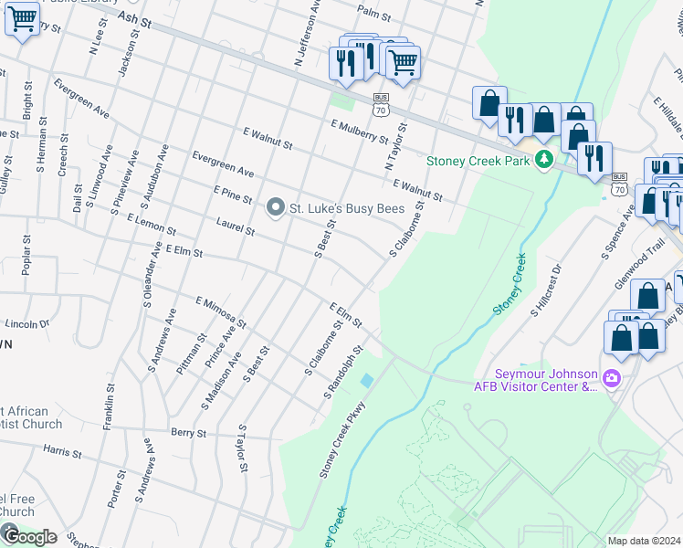 map of restaurants, bars, coffee shops, grocery stores, and more near 400 Taylor Place in Goldsboro