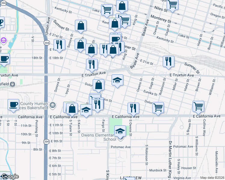 map of restaurants, bars, coffee shops, grocery stores, and more near 400 King Street in Bakersfield