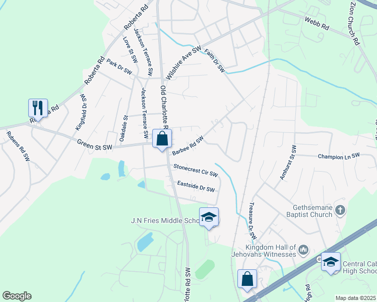 map of restaurants, bars, coffee shops, grocery stores, and more near 22 Barbee Road Southwest in Concord