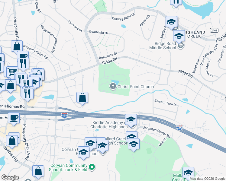 map of restaurants, bars, coffee shops, grocery stores, and more near 4473 Ridge Road in Charlotte