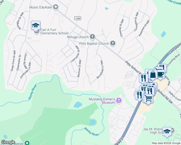map of restaurants, bars, coffee shops, grocery stores, and more near 5813 Ivy Walk Court Northwest in Concord