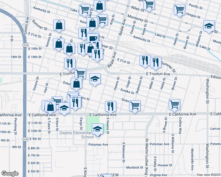 map of restaurants, bars, coffee shops, grocery stores, and more near 925 Eureka Street in Bakersfield