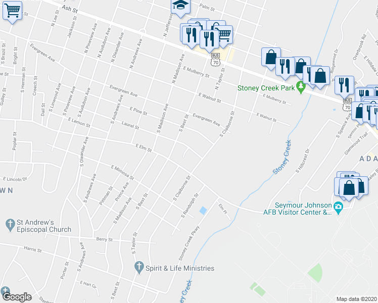 map of restaurants, bars, coffee shops, grocery stores, and more near 400 Taylor Place in Goldsboro