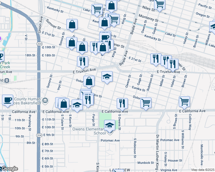 map of restaurants, bars, coffee shops, grocery stores, and more near 815 Eureka Street in Bakersfield