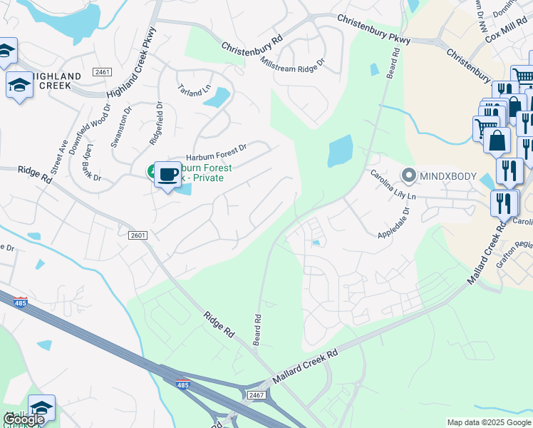 map of restaurants, bars, coffee shops, grocery stores, and more near 12927 Deaton Hill Drive in Charlotte