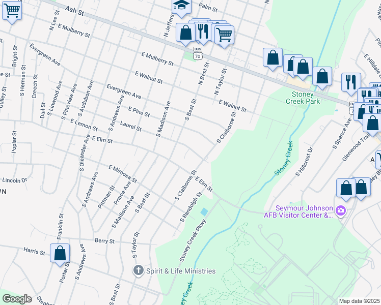 map of restaurants, bars, coffee shops, grocery stores, and more near 1808 Laurel Street in Goldsboro