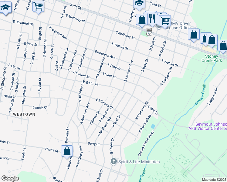 map of restaurants, bars, coffee shops, grocery stores, and more near 601 Prince Avenue in Goldsboro