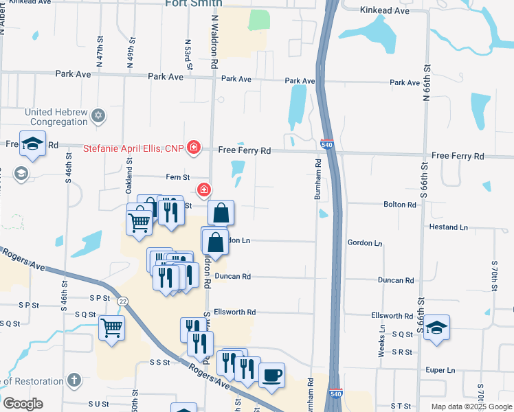 map of restaurants, bars, coffee shops, grocery stores, and more near 5601 Summit Street in Fort Smith