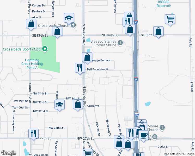 map of restaurants, bars, coffee shops, grocery stores, and more near 2960 Hillcrest Dr in Moore