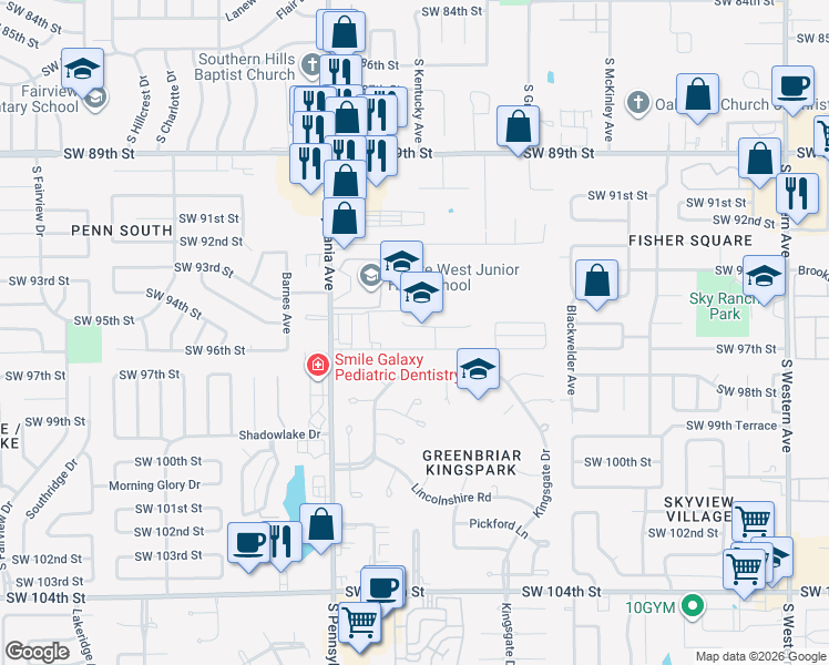 map of restaurants, bars, coffee shops, grocery stores, and more near 1552 Southwest 95th Court in Oklahoma City