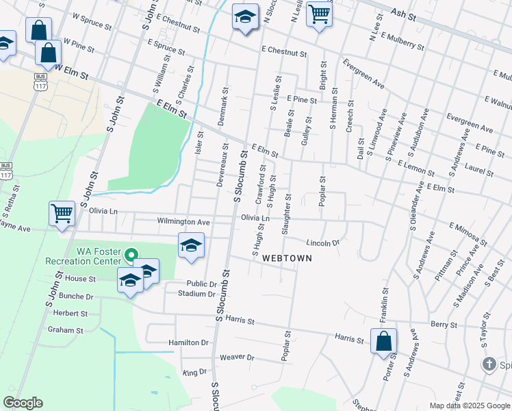 map of restaurants, bars, coffee shops, grocery stores, and more near 817 Crawford Street in Goldsboro