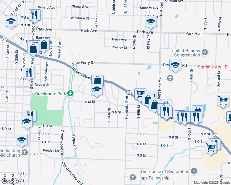 map of restaurants, bars, coffee shops, grocery stores, and more near 1219 Elizabeth Lane in Fort Smith