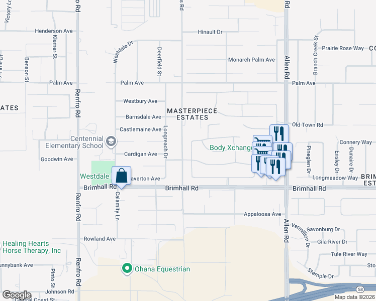 map of restaurants, bars, coffee shops, grocery stores, and more near 1405 Renoir Avenue in Bakersfield