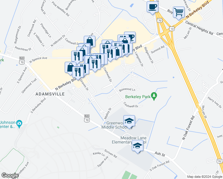 map of restaurants, bars, coffee shops, grocery stores, and more near 3102 Cashwell Drive in Goldsboro