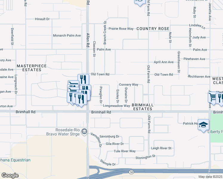 map of restaurants, bars, coffee shops, grocery stores, and more near 1408 Fenwick Drive in Bakersfield