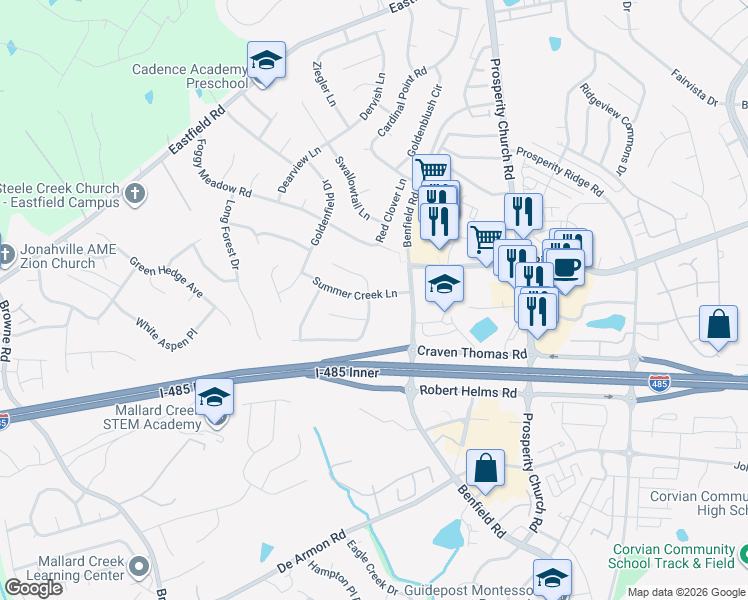 map of restaurants, bars, coffee shops, grocery stores, and more near 5920 Shining Oak Lane in Charlotte
