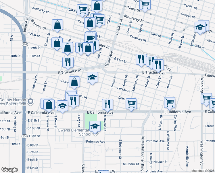 map of restaurants, bars, coffee shops, grocery stores, and more near 925 Eureka Street in Bakersfield