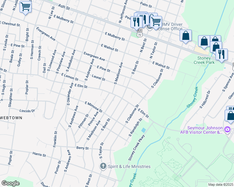 map of restaurants, bars, coffee shops, grocery stores, and more near 1703 East Elm Street in Goldsboro