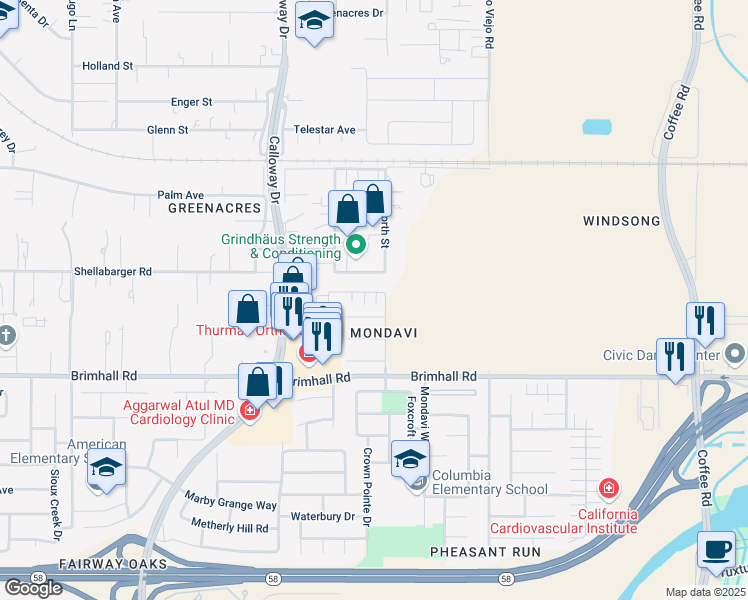 map of restaurants, bars, coffee shops, grocery stores, and more near 9305 Thistlewood Court in Bakersfield