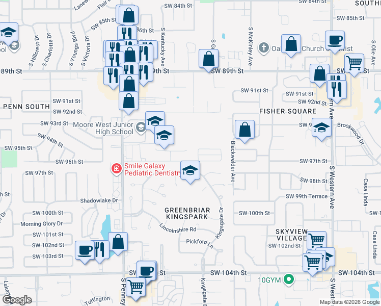 map of restaurants, bars, coffee shops, grocery stores, and more near 1400 Southwest 95th Court in Oklahoma City