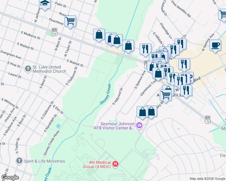 map of restaurants, bars, coffee shops, grocery stores, and more near 229 South Hillcrest Drive in Goldsboro