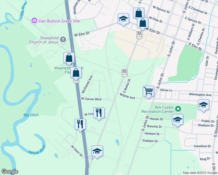 map of restaurants, bars, coffee shops, grocery stores, and more near 914 Anderson Drive in Goldsboro