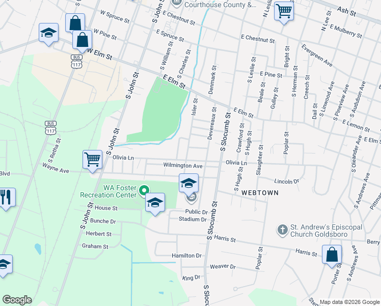 map of restaurants, bars, coffee shops, grocery stores, and more near 807 Isler Street in Goldsboro