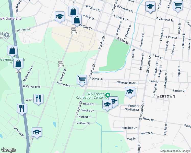 map of restaurants, bars, coffee shops, grocery stores, and more near 800 South John Street in Goldsboro