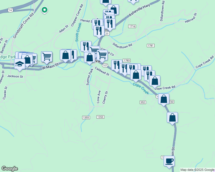map of restaurants, bars, coffee shops, grocery stores, and more near 144 Cherry Street in Sylva