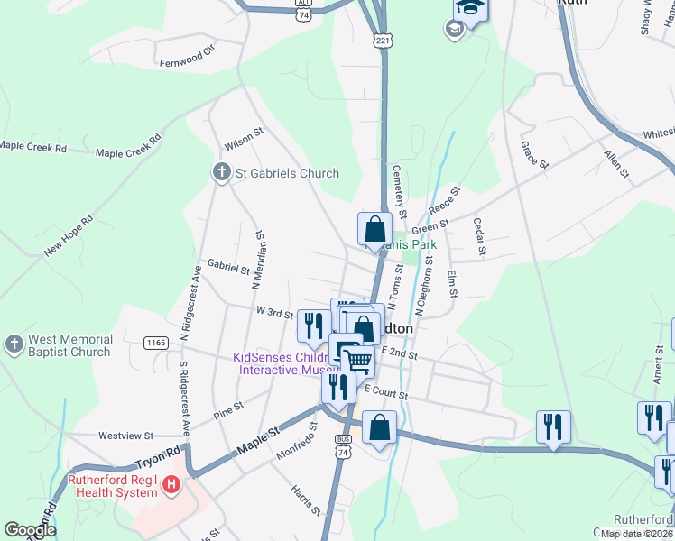 map of restaurants, bars, coffee shops, grocery stores, and more near 257 North Washington Street in Rutherfordton