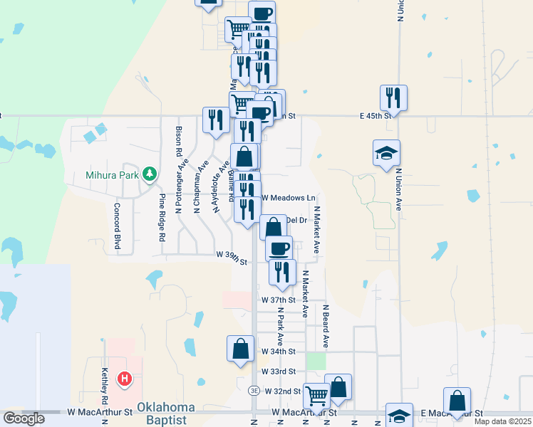 map of restaurants, bars, coffee shops, grocery stores, and more near 3947 North Kickapoo Avenue in Shawnee