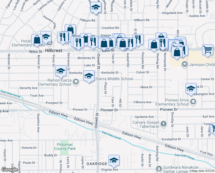 map of restaurants, bars, coffee shops, grocery stores, and more near 805 Plaza Street in Bakersfield
