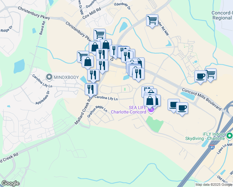 map of restaurants, bars, coffee shops, grocery stores, and more near Lily Green Court Northwest in Concord
