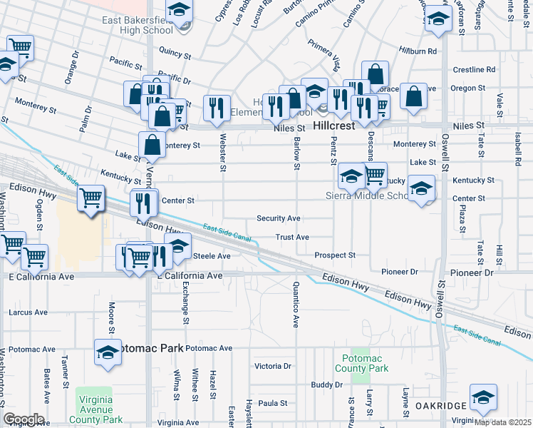 map of restaurants, bars, coffee shops, grocery stores, and more near 2630 Security Avenue in Bakersfield